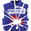 Logo for Stop Murdering Journalists: a shattered and bloddy press jacket in the style worn in Gaza